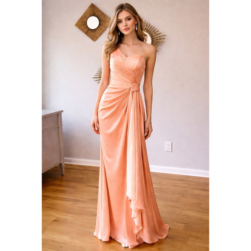 Hebeos Peach‎ Satin One Shoulder Draped Evening Gown Formal Dress Size 16 Large